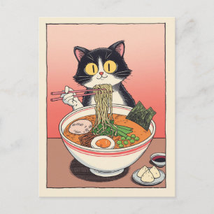 Trendige süße Katze, die japanische Ramen isst  Postkarte
