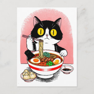 Trendige süße Katze, die japanische Ramen isst  Postkarte