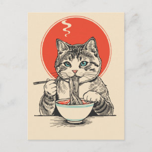 Trendige süße Katze, die japanische Ramen isst Postkarte