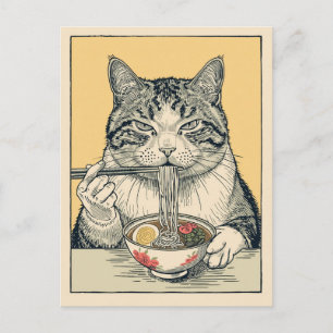 Trendige süße Katze, die japanische Ramen isst Postkarte