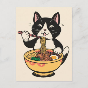 Trendige süße Katze, die japanische Ramen isst  Postkarte