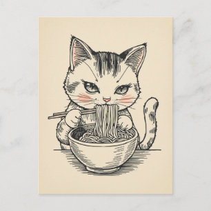 Trendige süße Katze, die japanische Ramen isst Postkarte