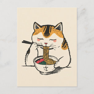 Trendige süße Katze, die japanische Ramen isst Postkarte