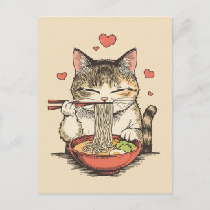 Trendige süße Katze, die japanische Ramen isst Postkarte