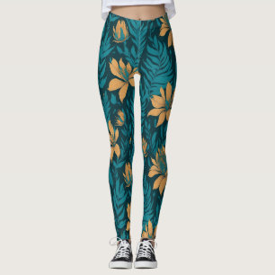 Trendige Teal-Blätter Orangen-Tropisches Blumenmus Leggings