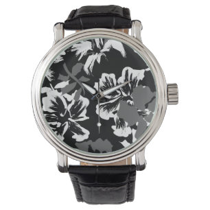 Trendige tropische abstrakte schwarze Musteruhr Armbanduhr