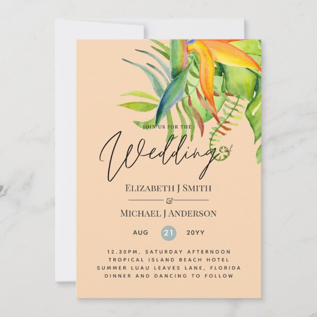 Trendige tropische Blätter Hochzeit Luau Empfang (Vorderseite)
