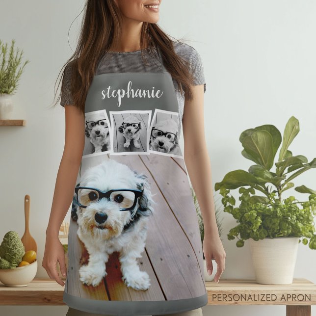 Trendiger 4-Foto-Collage-Script-Name Weiß Grau Schürze (Personalized Apron)