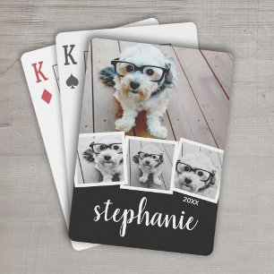 Trendiger 4-Foto-Collagen-Script-Name Weiß Schwarz Spielkarten