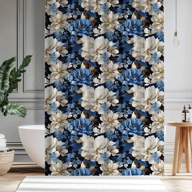 Trendiger blauer Elfenbein Blumen Badezimmer Dusch Duschvorhang (Trendy Blue Ivory Floral Bathroom Shower Curtain)