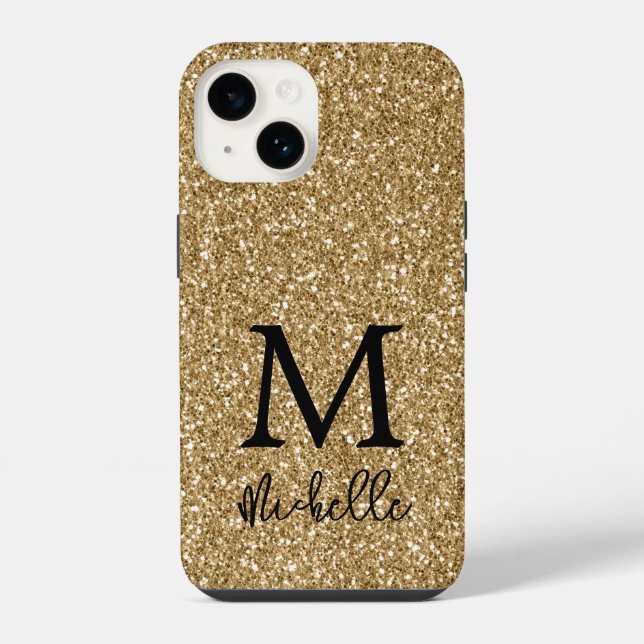 Trendiger goldener Glitter-Monogramm-Initial-Name iPhone 14 Hülle (Rückseite)