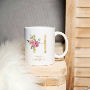Trendiger goldener Wasserfarben-Blumenbuchstabe H Kaffeetasse