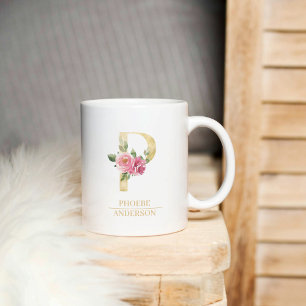 Trendiger goldener Wasserfarben-Blumenbuchstabe P Kaffeetasse