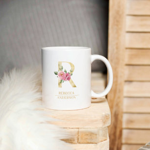 Trendiger goldener Wasserfarben-Blumenbuchstabe R Kaffeetasse