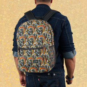 Trendiger Hip Retro Orange Tief Teal Wirbel Monogr Bedruckter Rucksack