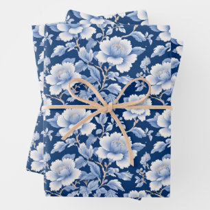 Trendiger minimalistischer Vintage Blue White Flow Geschenkpapier Set