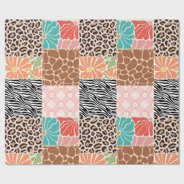 Trendiger Patchwork-Tierdruck & Blumenmuster-Einwi Geschenkpapier (Flach)