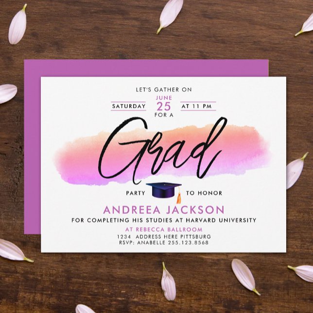 Trendiger Pink-Purple-Abschluss-Cap-Bold-Script-Wa Einladung (Von Creator hochgeladen)