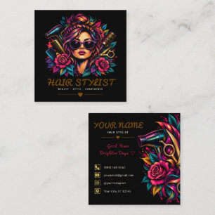 Trendiger Retro-Tattoo-Blumen-Friseur Quadratische Visitenkarte