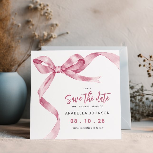 Trendiger rosa Schleifen Abschluss Save The Date (Von Creator hochgeladen)
