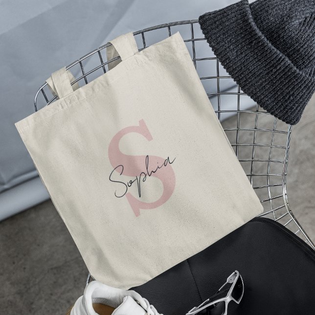 Trendiger Schriftname mit rosa initialen Monogramm Tragetasche (Von Creator hochgeladen)