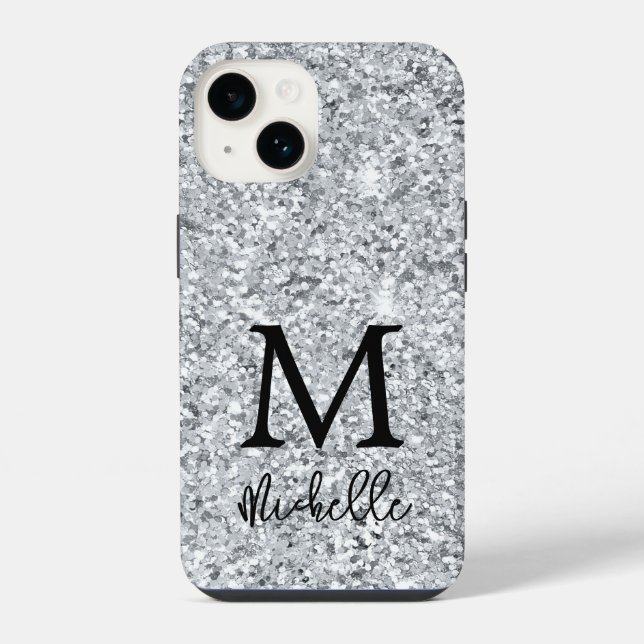 Trendiger silberner Glitter-Monogramm-Name iPhone 14 Hülle (Rückseite)