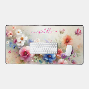 Trendiger stilvoller Aquarell-Blumen Custom-Name Schreibtischunterlage