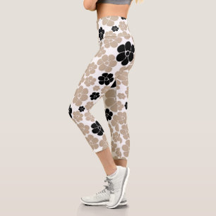 Trendiges Blumenmuster in Taupe, Schwarz und Weiß Capri Leggings
