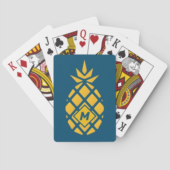Trendiges geometrisches Ananas Blau Monogramm Spielkarten (Rückseite)
