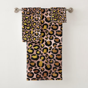 Trendiges Gold Leopard Jaguar Roségold Punkte Badhandtuch Set