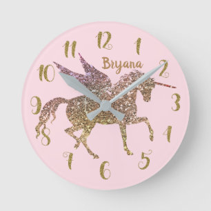 Trendiges goldenes Glitter-Einhorn Pegasus JEDE FA Runde Wanduhr