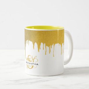 Trendiges goldenes Metall-Tropfen-Monogramm Zweifarbige Tasse