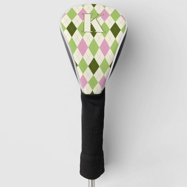 Trendiges Green & Pink Raute Muster Modernes Monog Golf Headcover (Vorderseite)