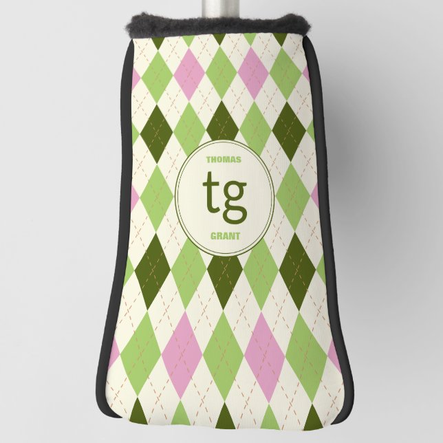 Trendiges Green & Pink Raute Muster Modernes Monog Golf Headcover (Rotieren 90)