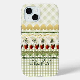 Trendiges grünes Karo und Bees Hearts Monogramm Case-Mate iPhone Hülle