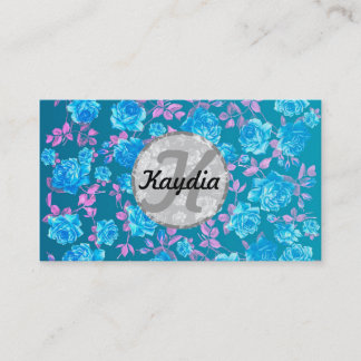 Trendiges hellblaues Teal-vintage-Blumenmonogramm Visitenkarte