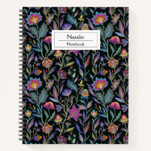 Trendiges Monogramm-Blumenmuster l Schwarz und Lil Notizbuch