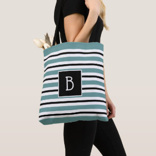 Trendiges Monogramm Teal, Schwarz Weiß Streifen Tasche