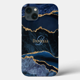 Trendiges Navy Blau Achat Gold Glitter Monogramm iPhone Hülle