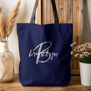 Trendiges Navy Blau Grau Weiß Schrift Monogramm Tasche