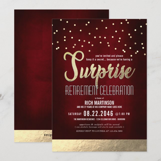 Trendiges Red/Gold Surprise Retirement Party Einladung (Vorne/Hinten)