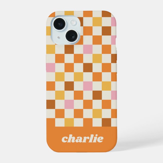 Trendiges Retro-Karo-Monogramm iPhone 15 Hülle (Rückseite)