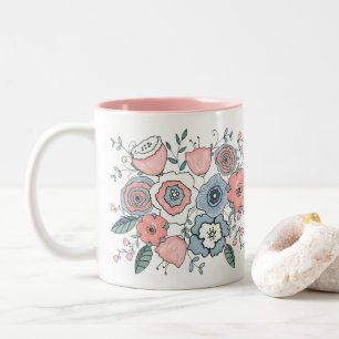 Trendiges Rosé Pink Blau Boho Blumen Zweifarbige Tasse