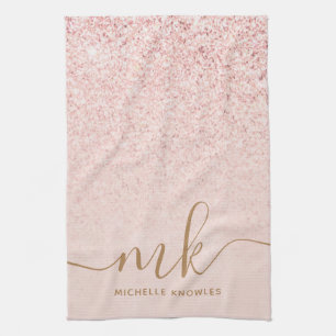 Trendiges Roségold Glitter Fancy Initialen und Nam Geschirrtuch