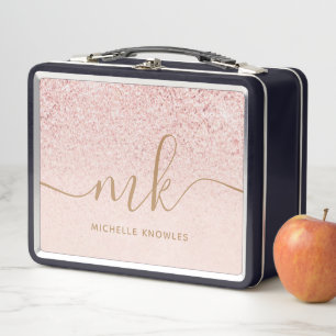 Trendiges Roségold Glitter Fancy Initialen und Nam Metall Brotdose