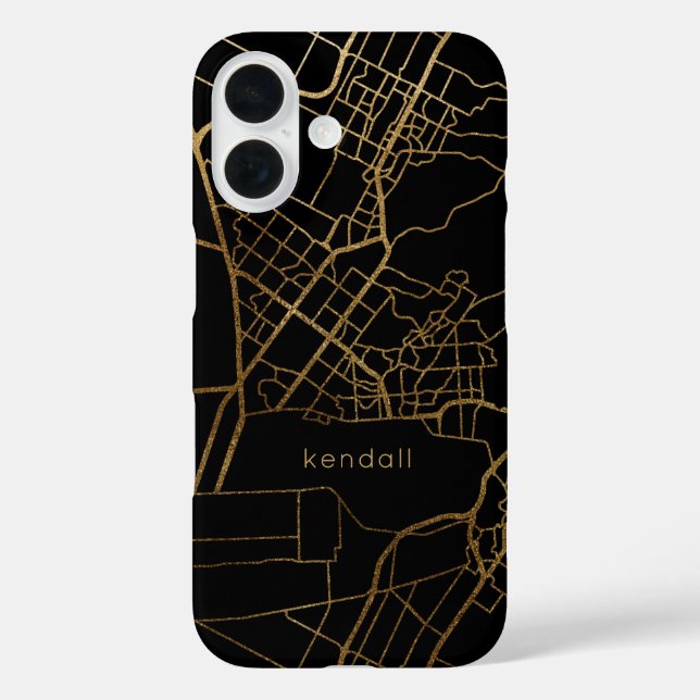 Trendiges Schwarz-Imitat-Gold-Map-Design mit Namen iPhone 16 Hülle (Rückseite)