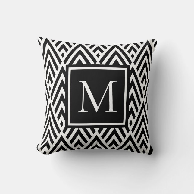 Trendiges Schwarz-weißes Monogramm-Arrow-Diamantmu Kissen (Vorderseite)