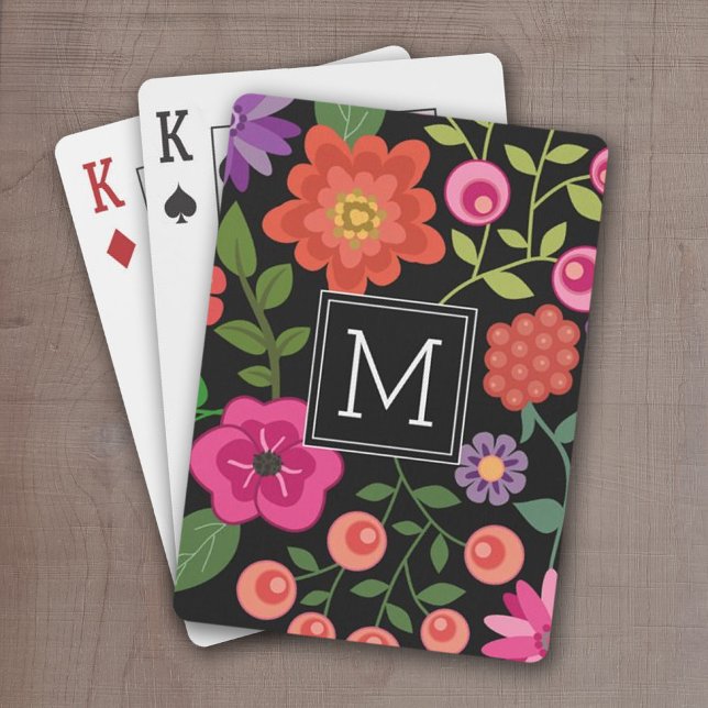 Trendiges Schwarzes Floral-Muster mit benutzerdefi Spielkarten (Add a name or monogram to these personalized playing cards.)