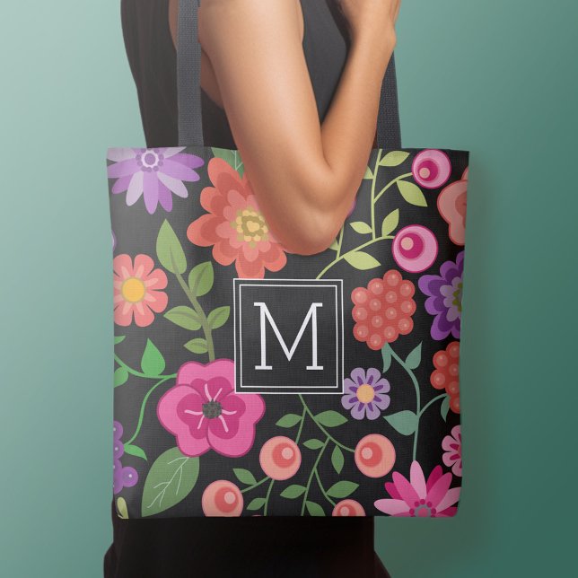 Trendiges Schwarzes Floral-Muster mit benutzerdefi Tasche (Personalized tote bag - add your name or other text)