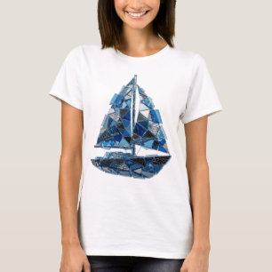 Trendiges Silbernes BLAUES GLAS-SEGELBOOT Textdesi T-Shirt